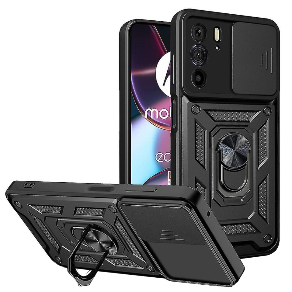 Husa pentru Motorola Edge 30 Pro, SKYDDAR INNOVATION, CamShield, Inel magnetic, set cu sticker, Negru
