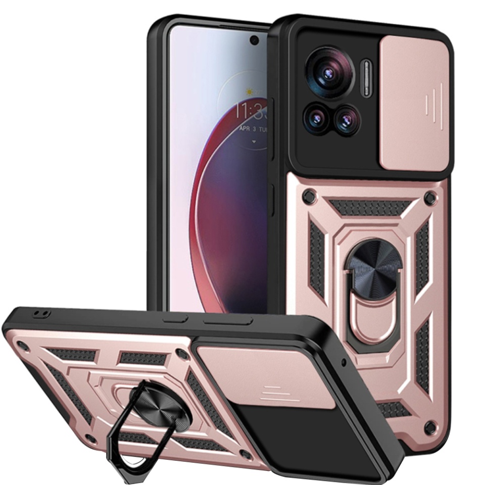 Husa pentru Motorola Edge 30 Ultra, SKYDDAR INNOVATION, CamShield, Inel magnetic, set cu sticker, Roz