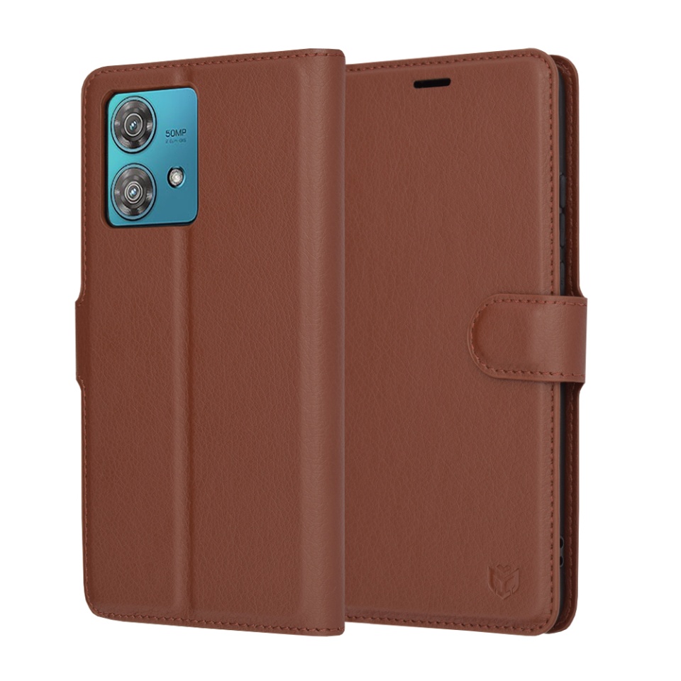 Husa pentru Motorola Edge 40 Neo, SKYDDAR INNOVATION, Leather Folio tip Carte, cu Portofel Interior, Finisaje Premium, set cu sticker, Maro