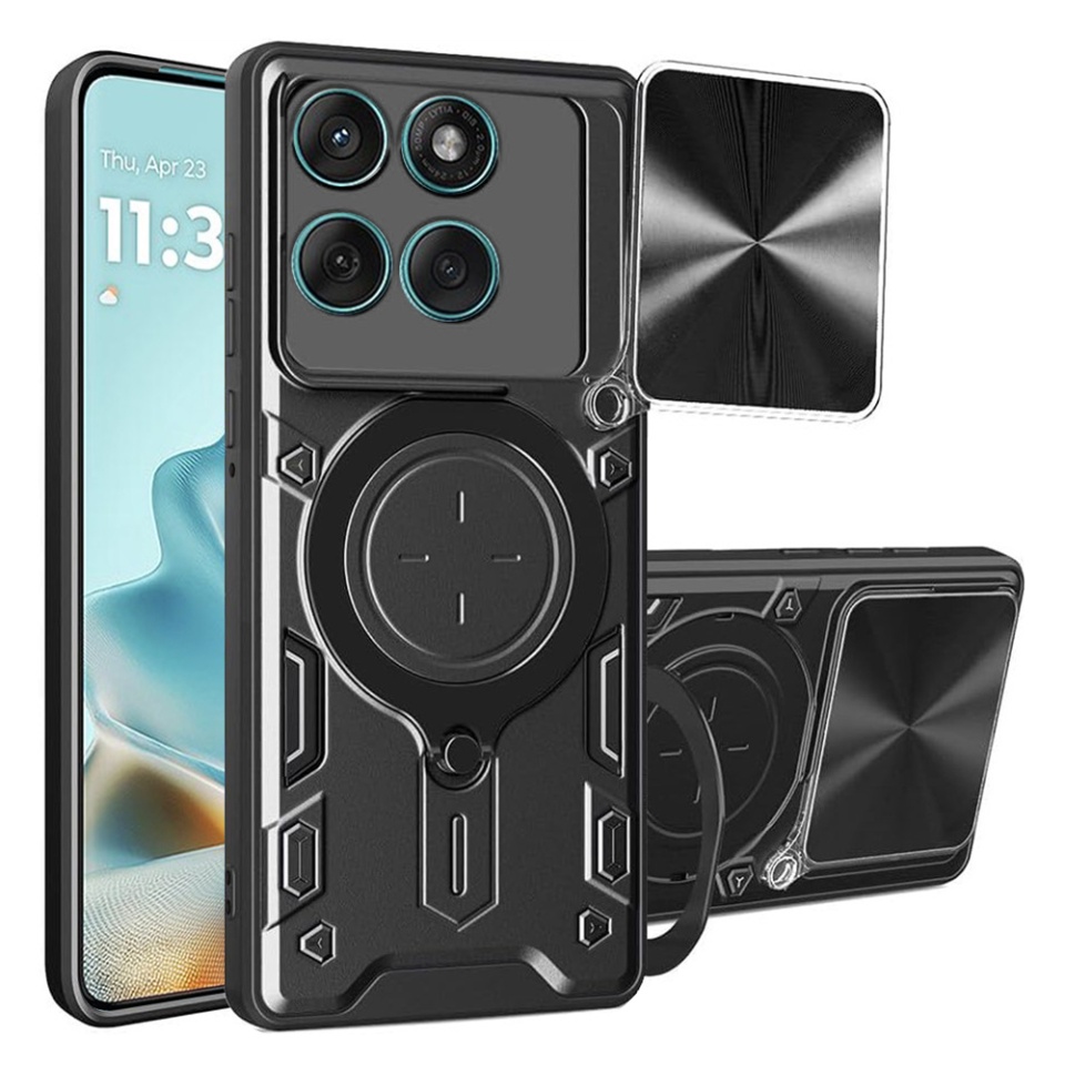 Husa pentru Motorola Edge 60 Fusion, SKYDDAR INNOVATION, SafeCover, Inel Magnetic, Protectie Camera, Negru, set cu sticker