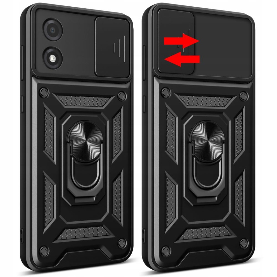 Husa pentru Motorola Moto E13, SKYDDAR INNOVATION, CamShield, Inel magnetic, set cu sticker, Negru - 1 | YEO