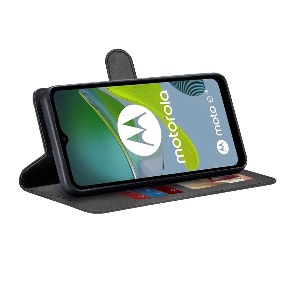 Husa pentru Motorola Moto E13, SKYDDAR INNOVATION, Diary Book, tip carte, cu Portofel Interior, Antisoc, Negru, set cu sticker - 1 | YEO