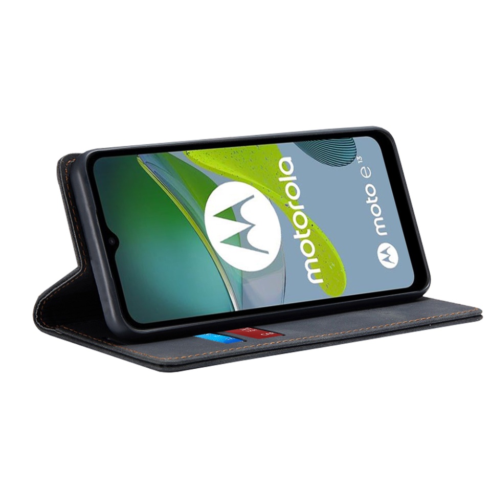 Husa pentru Motorola Moto E13, SKYDDAR INNOVATION, Soft Wallet, tip Carte din piele Eco Premium, cu Portofel Interior, Negru, set cu sticker - 1 | YEO