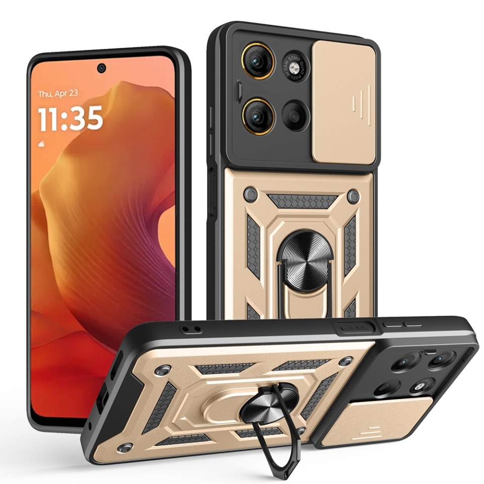 Husa pentru Motorola Moto G15 / Moto G15 Power, SKYDDAR INNOVATION, CamShield, Inel magnetic, set cu sticker, Auriu