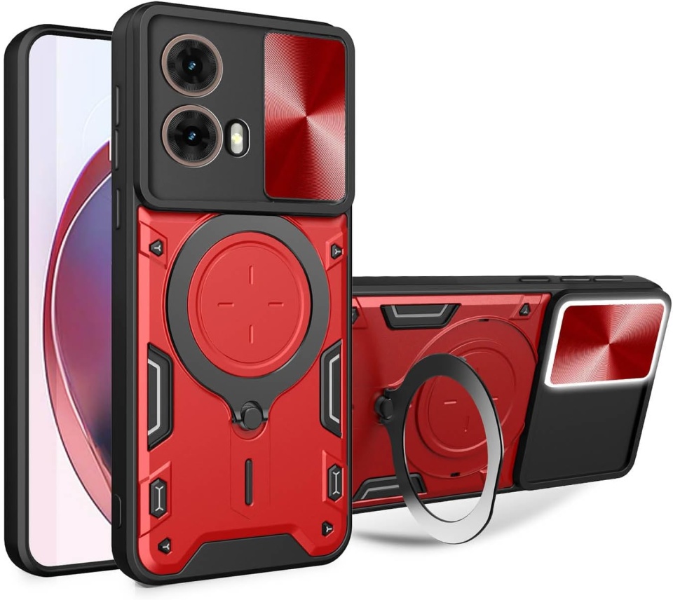 Husa pentru Motorola Moto G35, cu inel magnetic si suport ajustabil, protectie completa camera, SKDR SafeCover - Rosu