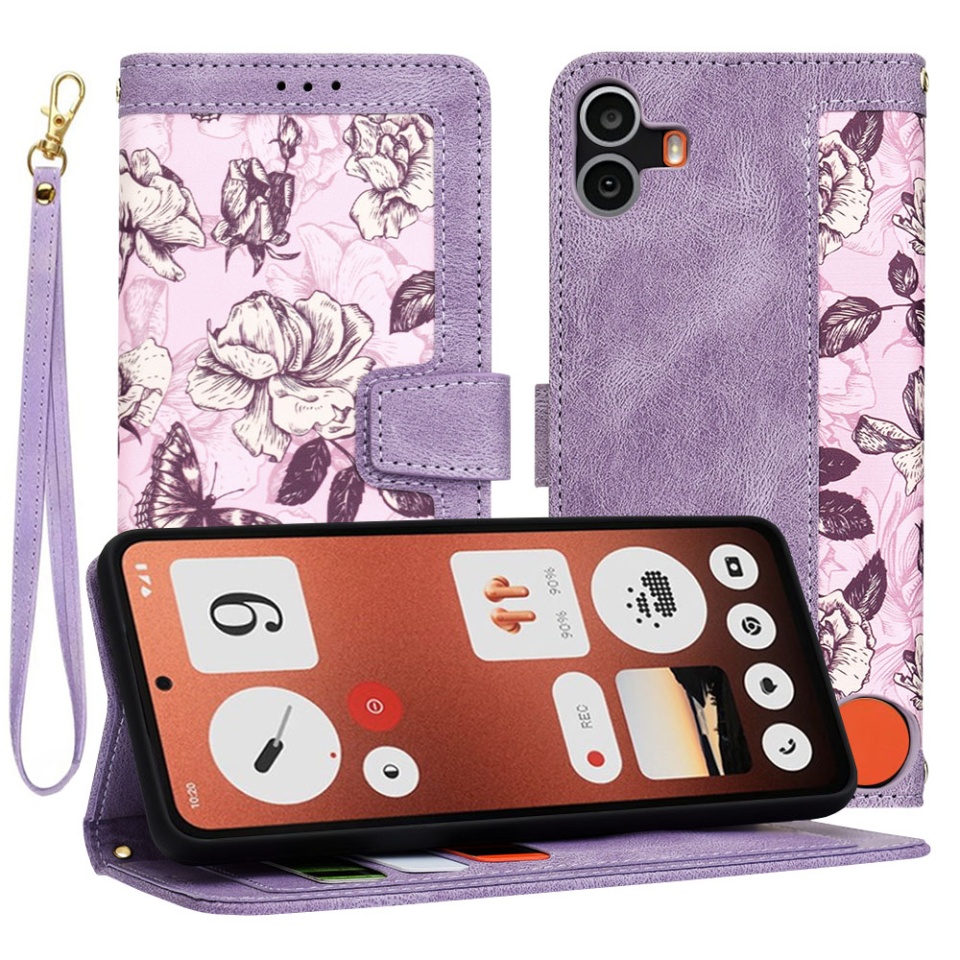 Husa pentru Nothing CMF Phone 1 din Piele Ecologică cu Design Floral, Protecție 360°, Stand Integrat, Buzunare pentru Carduri, SKDR Floral Wallet - Mov