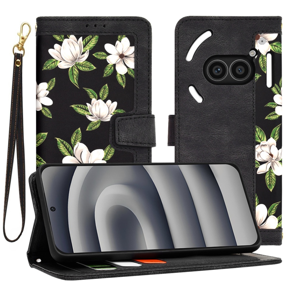 Husa pentru Nothing Phone (2a) din Piele Ecologică cu Design Floral, Protecție 360°, Stand Integrat, Buzunare pentru Carduri, SKDR Floral Wallet - Negru
