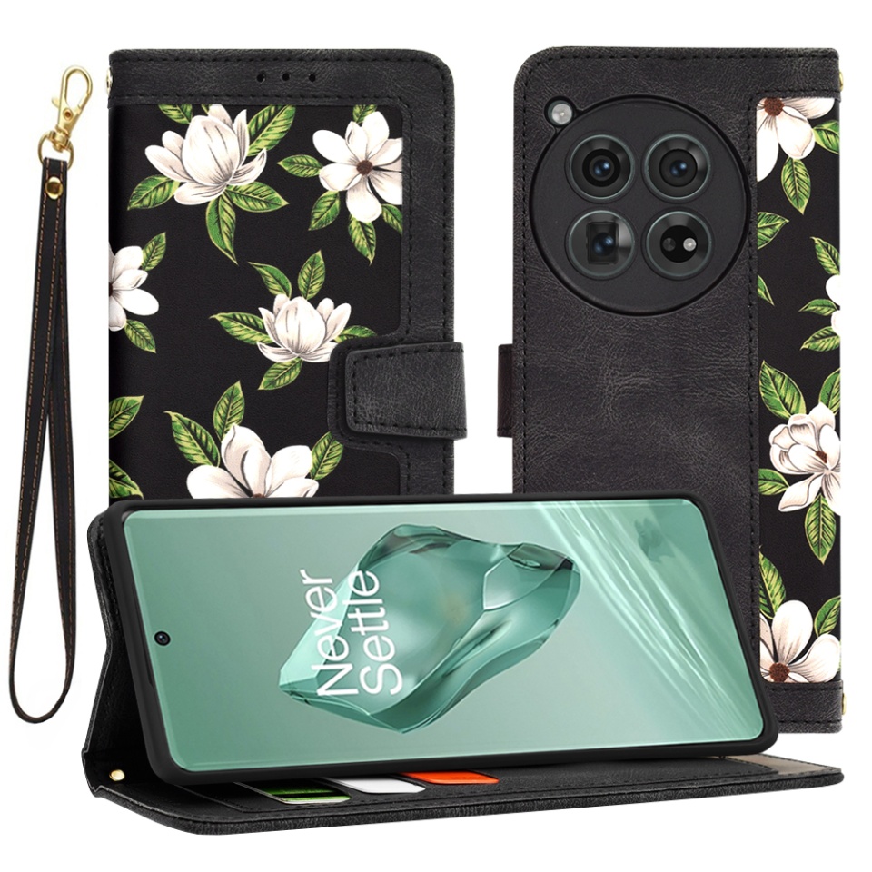 Husa pentru OnePlus 12 din Piele Ecologică cu Design Floral, Protecție 360°, Stand Integrat, Buzunare pentru Carduri, SKDR Floral Wallet - Negru