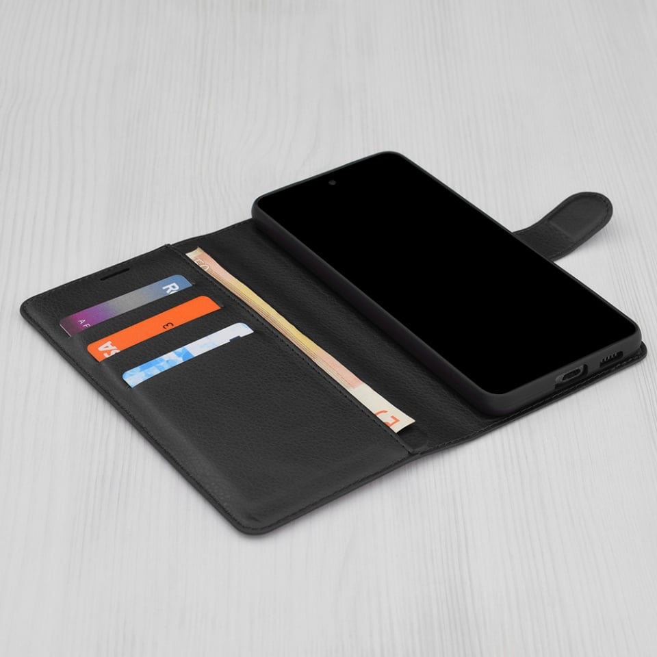 Husa pentru OnePlus 12, SKYDDAR INNOVATION, Leather Folio tip Carte, cu Portofel Interior, Finisaje Premium, set cu sticker, Negru - 2 | YEO
