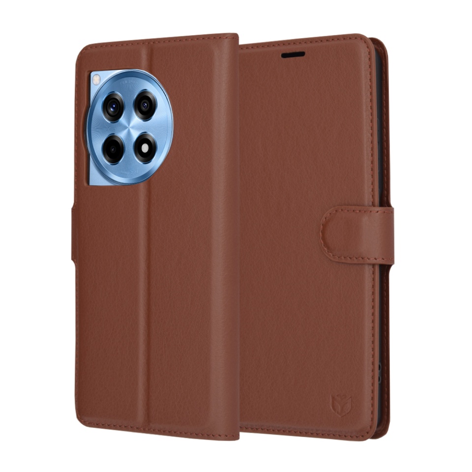 Husa pentru OnePlus 12R, SKYDDAR INNOVATION, Leather Folio tip Carte, cu Portofel Interior, Finisaje Premium, set cu sticker, Maro