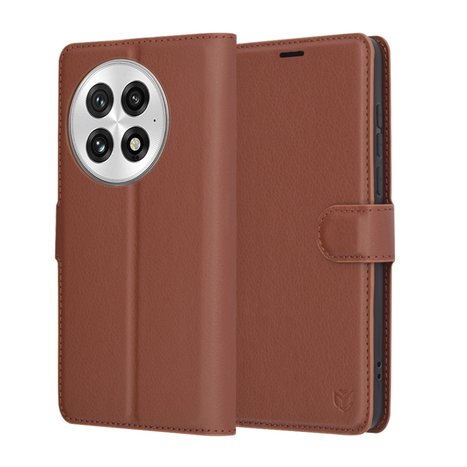 Husa pentru OnePlus 13, SKYDDAR INNOVATION, Leather Folio tip Carte, cu Portofel Interior, Finisaje Premium, set cu sticker, Maro