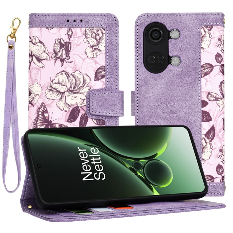 Husa pentru OnePlus Nord 3 din Piele Ecologică cu Design Floral, Protecție 360°, Stand Integrat, Buzunare pentru Carduri, SKDR Floral Wallet - Mov