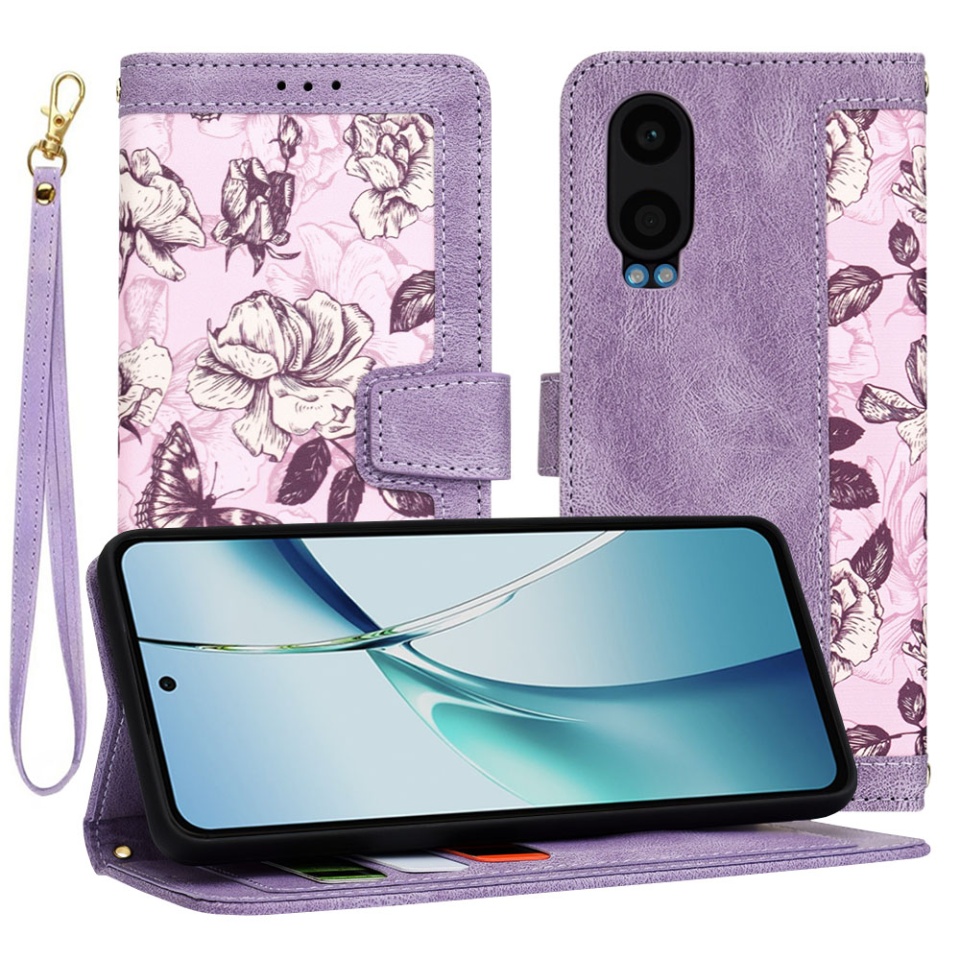 Husa pentru OnePlus Nord CE4 Lite din Piele Ecologică cu Design Floral, Protecție 360°, Stand Integrat, Buzunare pentru Carduri, SKDR Floral Wallet - Mov