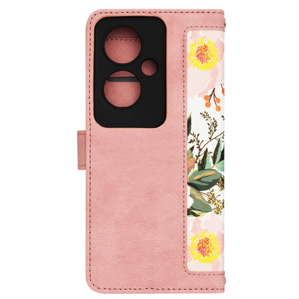 Husa pentru Oppo Reno11 F din Piele Ecologică cu Design Floral, Protecție 360°, Stand Integrat, Buzunare pentru Carduri, SKDR Floral Wallet - Roz - 3 | YEO
