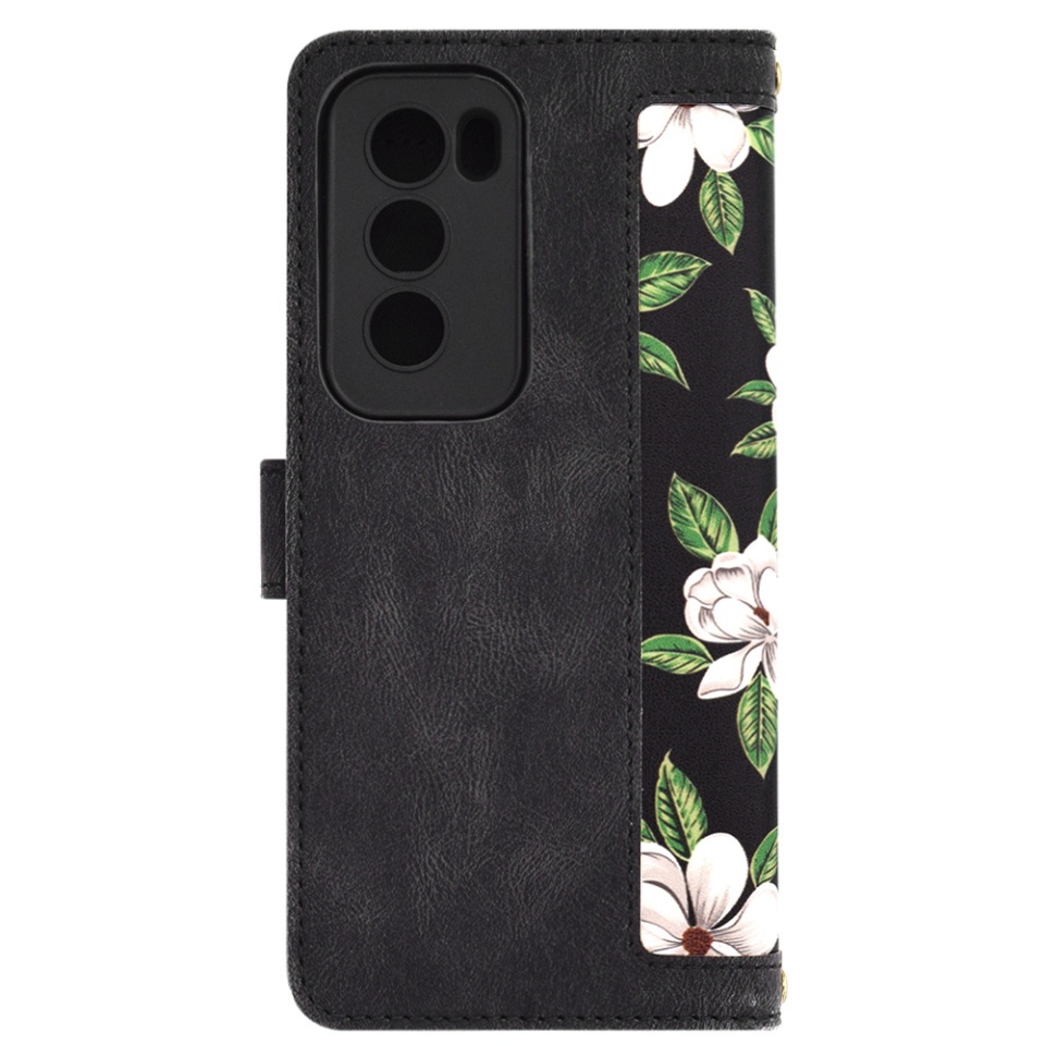 Husa pentru Oppo Reno12 din Piele Ecologică cu Design Floral, Protecție 360°, Stand Integrat, Buzunare pentru Carduri, SKDR Floral Wallet - Negru - 2 | YEO