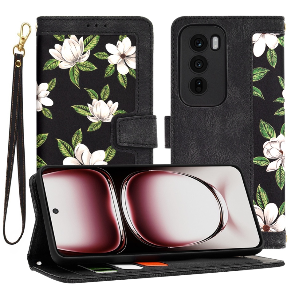 Husa pentru Oppo Reno12 Pro din Piele Ecologică cu Design Floral, Protecție 360°, Stand Integrat, Buzunare pentru Carduri, SKDR Floral Wallet - Negru
