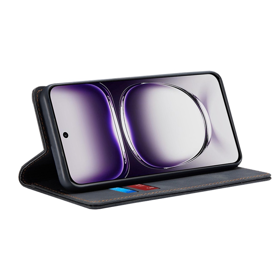 Husa pentru Oppo Reno12, SKYDDAR INNOVATION, Soft Wallet, tip Carte din piele Eco Premium, cu Portofel Interior, Negru, set cu sticker - 1 | YEO