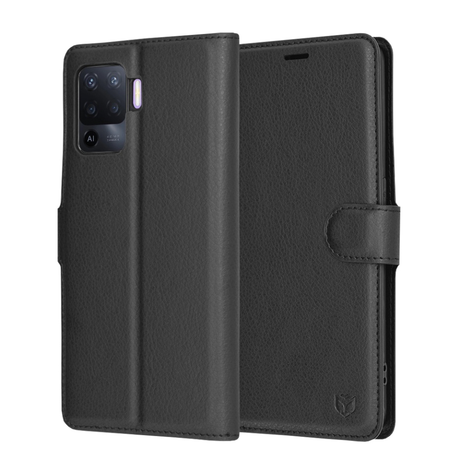 Husa pentru Oppo Reno5 Lite / A94 4G, SKYDDAR INNOVATION, Leather Folio tip Carte, cu Portofel Interior, Finisaje Premium, set cu sticker, Negru