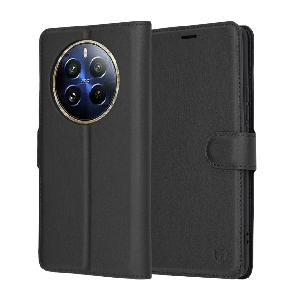 Husa pentru Realme 12 Pro / 12 Pro+, SKYDDAR INNOVATION, Leather Folio tip Carte, cu Portofel Interior, Finisaje Premium, set cu sticker, Negru