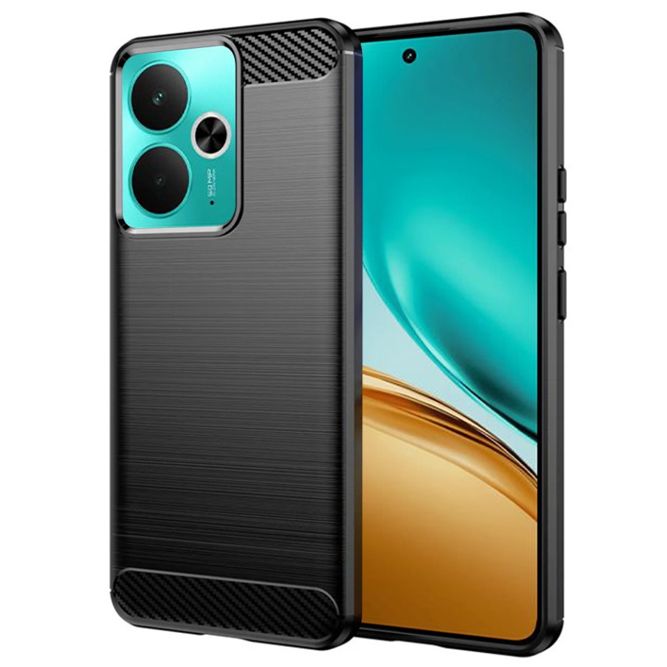 Husa pentru Realme 14T / 14, SKYDDAR INNOVATION, Carbon Silicone, din Silicon Slim, cu textura Fibra Carbon, set cu sticker, Negru