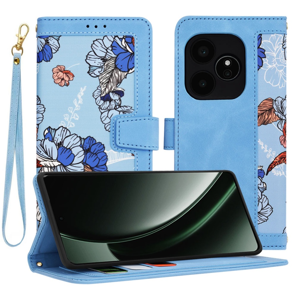 Husa pentru Realme GT 6 / GT 6T din Piele Ecologică cu Design Floral, Protecție 360°, Stand Integrat, Buzunare pentru Carduri, SKDR Floral Wallet - Bleu