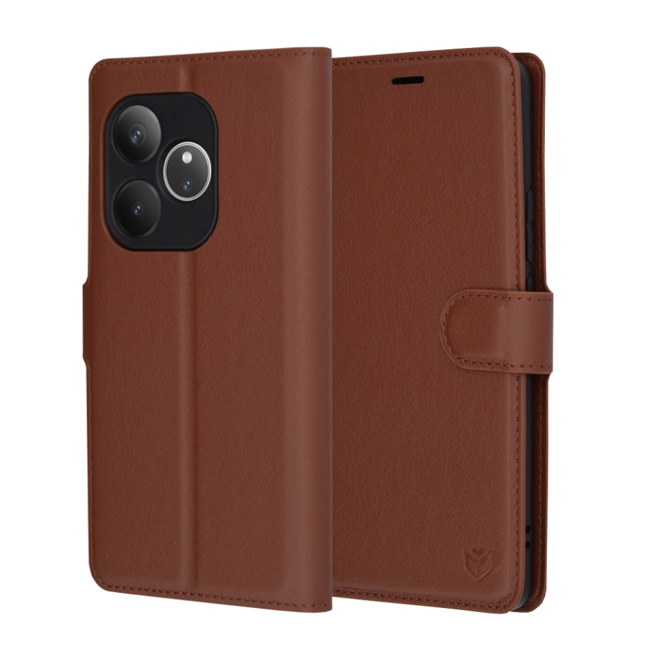 Husa pentru Realme GT 6 / GT 6T, SKYDDAR INNOVATION, Leather Folio tip Carte, cu Portofel Interior, Finisaje Premium, set cu sticker, Maro