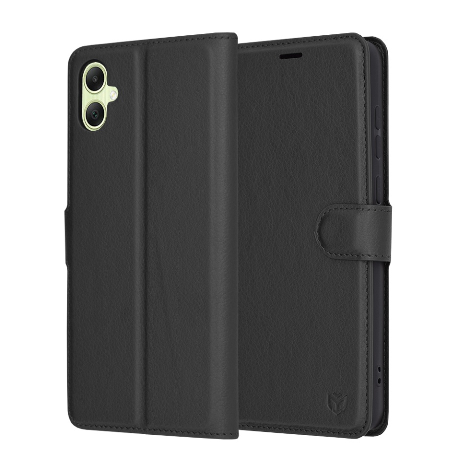 Husa pentru Samsung Galaxy A05, SKYDDAR INNOVATION, Leather Folio tip Carte, cu Portofel Interior, Finisaje Premium, set cu sticker, Negru