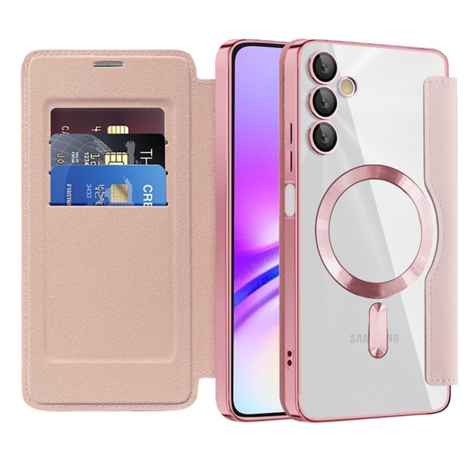 Husa pentru Samsung Galaxy A05s tip carte, SKYDDAR INOVATION, SmartMag Book, Magsafe, RFiD, Suport Carduri, set cu sticker, Roz