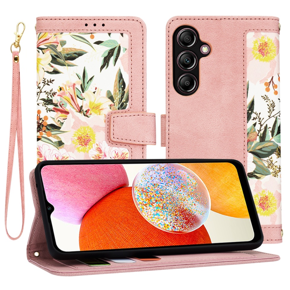 Husa pentru Samsung Galaxy A14 5G / Galaxy A14 4G din Piele Ecologică cu Design Floral, Protecție 360°, Stand Integrat, Buzunare pentru Carduri, SKDR Floral Wallet - Roz