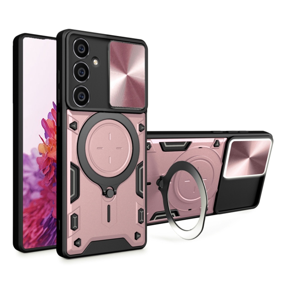 Husa pentru Samsung Galaxy A15 4G / Galaxy A15 5G, cu inel magnetic si suport ajustabil, protecție completa camera, SKDR SafeCover - Roz auriu