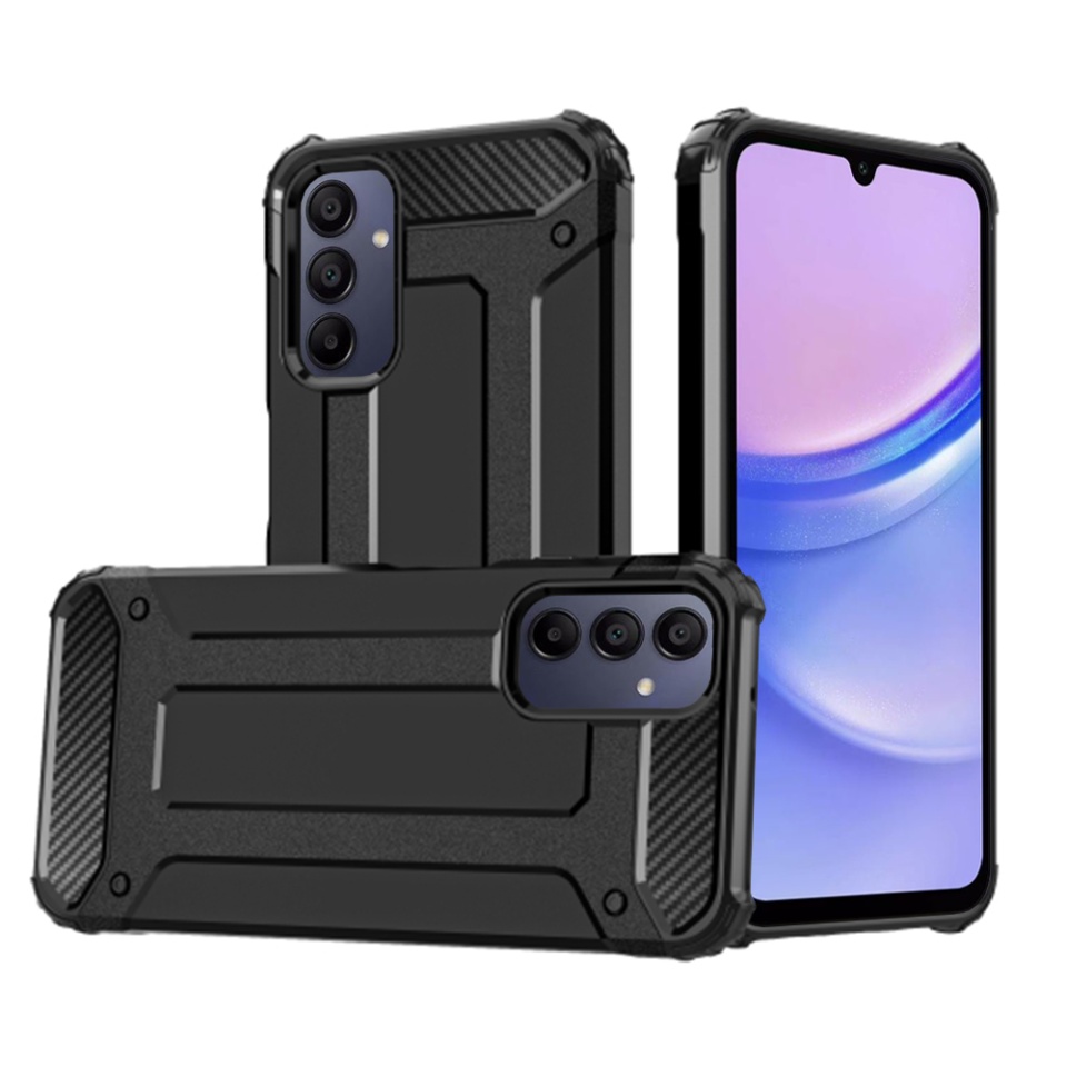 Husa pentru Samsung Galaxy A15 4G / Galaxy A15 5G, SKYDDAR INNOVATION, Hybrid Armor, din Plastic Dur, Margini Cauciucate, Antisoc, set cu sticker, Negru