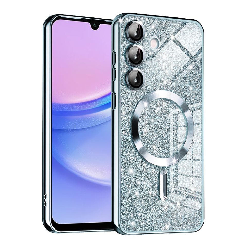Husa pentru Samsung Galaxy A15 4G / Galaxy A15 5G, SKYDDAR INNOVATION, Luxury Glitter Magsafe, Antisoc, Fundal Detasabil 2-in-1, Margini Ridicate, set cu sticker, Bleu