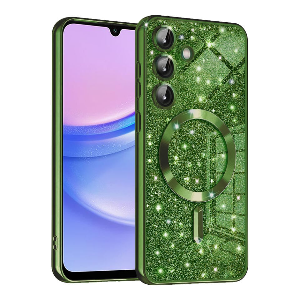 Husa pentru Samsung Galaxy A15 4G / Galaxy A15 5G, SKYDDAR INNOVATION, Luxury Glitter Magsafe, Antisoc, Fundal Detasabil 2-in-1, Margini Ridicate, set cu sticker, Verde