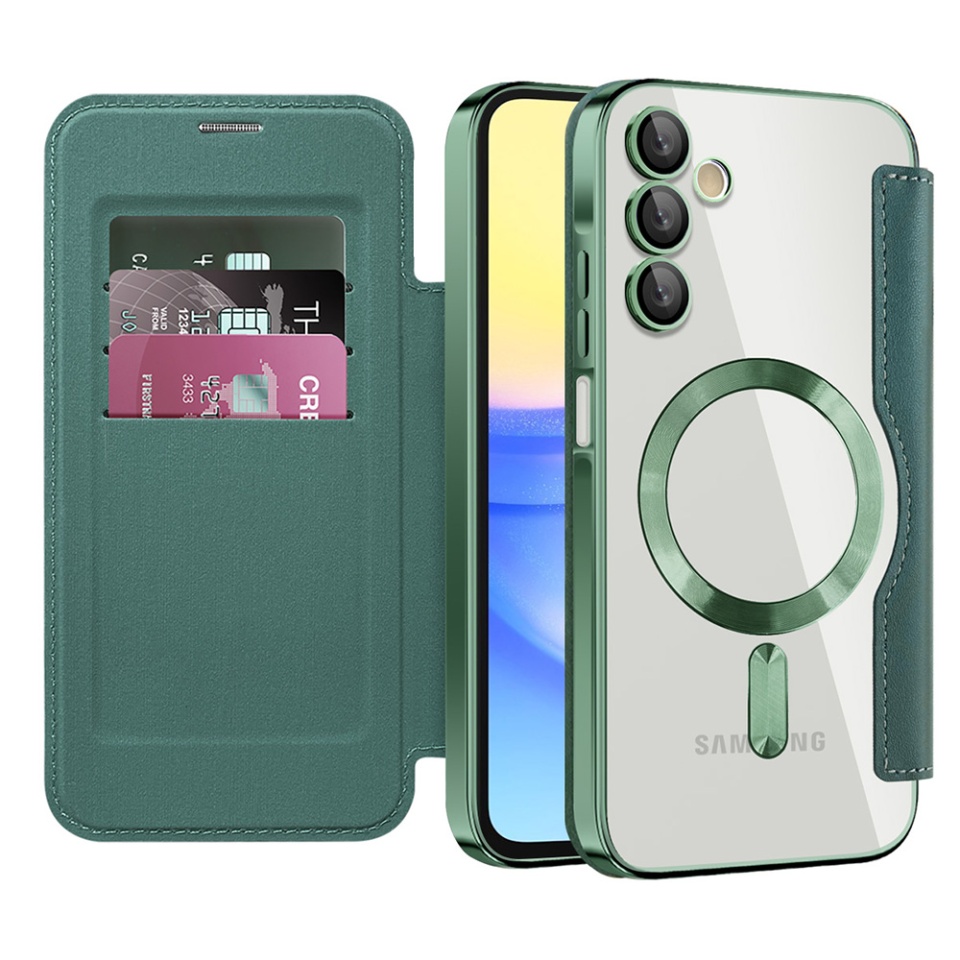 Husa pentru Samsung Galaxy A15 4G / Galaxy A15 5G tip carte, SKYDDAR INOVATION, SmartMag Book, Magsafe, RFiD, Suport Carduri, set cu sticker, Verde