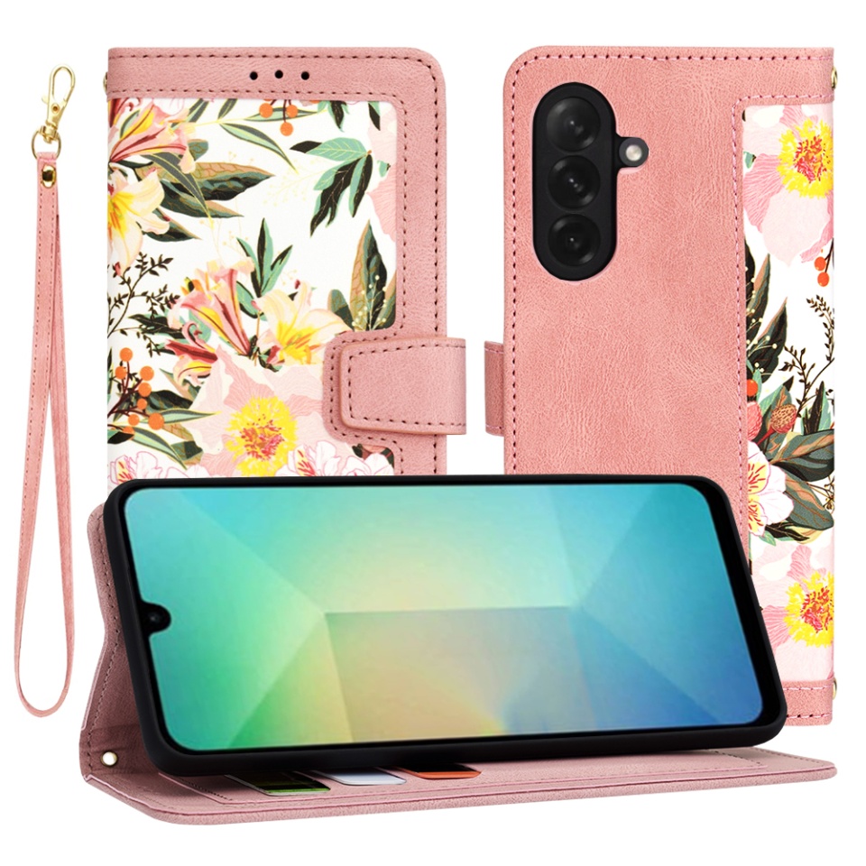 Husa pentru Samsung Galaxy A26 5G din Piele Ecologică cu Design Floral, Protecție 360°, Stand Integrat, Buzunare pentru Carduri, Floral Wallet - Roz