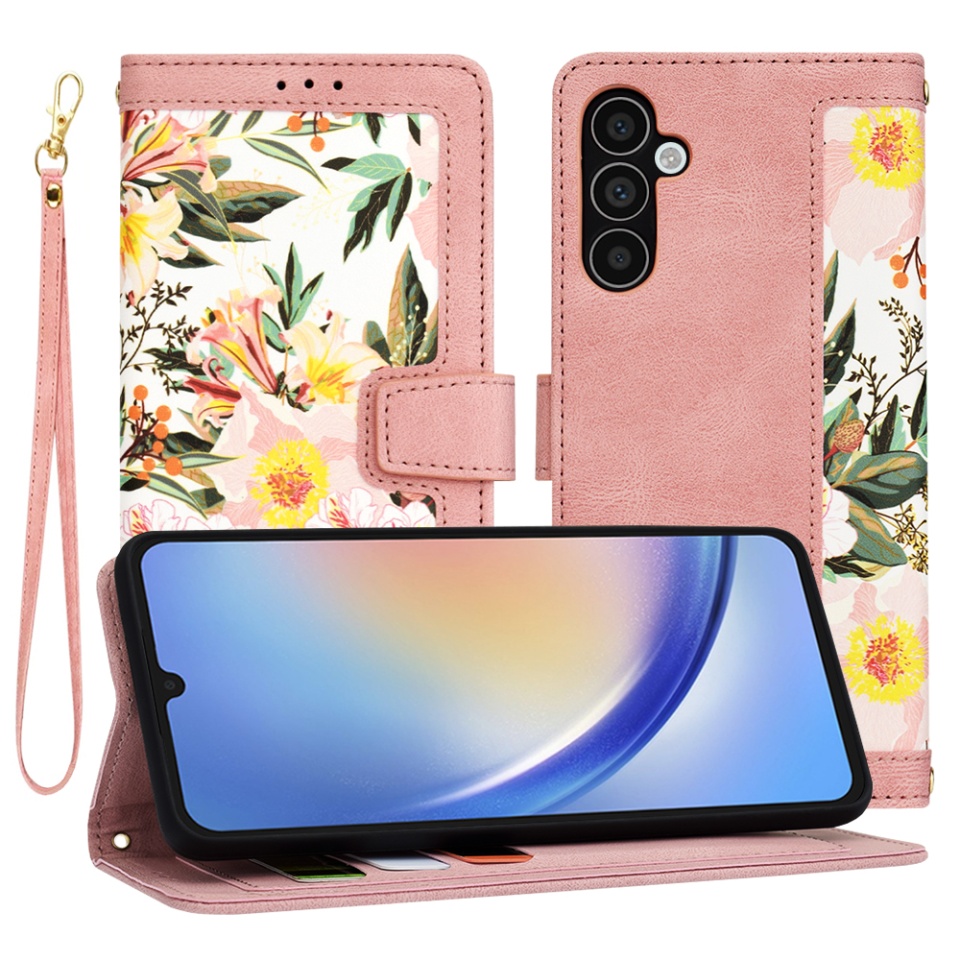 Husa pentru Samsung Galaxy A34 5G din Piele Ecologică cu Design Floral, Protecție 360°, Stand Integrat, Buzunare pentru Carduri, SKDR Floral Wallet - Roz