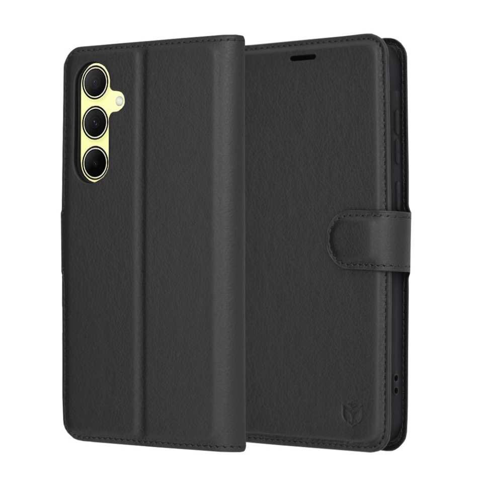 Husa pentru Samsung Galaxy A35 5G, SKYDDAR INNOVATION, Leather Folio tip Carte, cu Portofel Interior, Finisaje Premium, set cu sticker, Negru