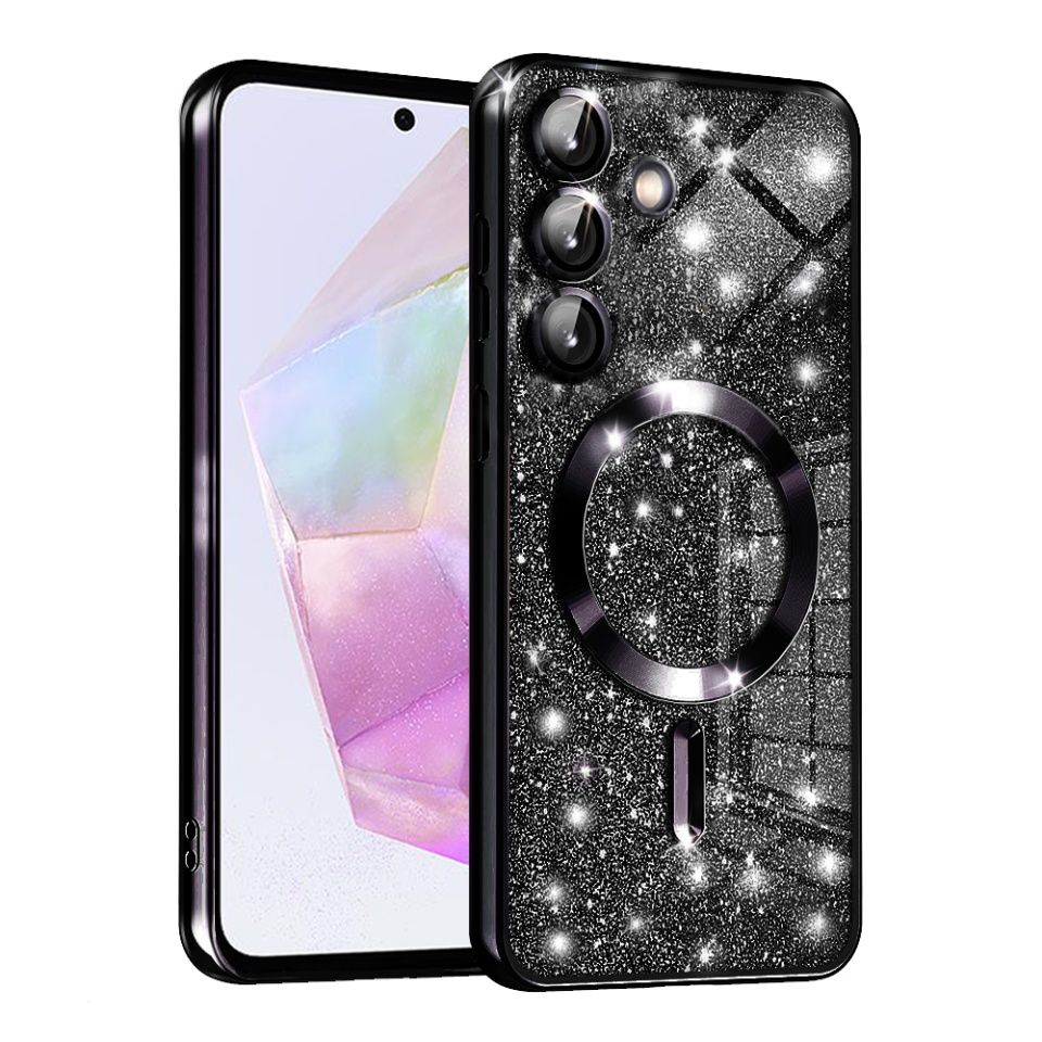 Husa pentru Samsung Galaxy A35 5G, SKYDDAR INNOVATION, Luxury Glitter Magsafe, Antisoc, Fundal Detasabil 2-in-1, Margini Ridicate, set cu sticker, Negru