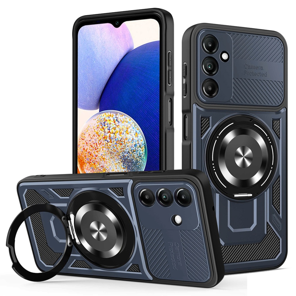 Husa pentru Samsung Galaxy A35 5G, SKYDDAR INNOVATION, RuggedCam, Inel magnetic antisoc, set cu sticker, Albastru