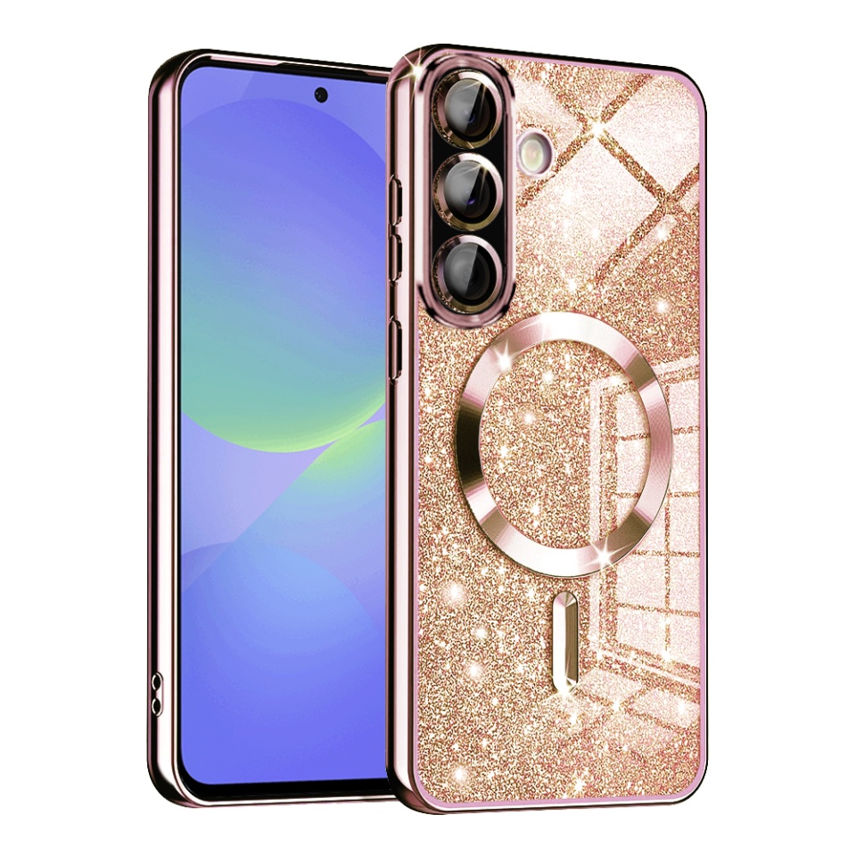 Husa pentru Samsung Galaxy A36 5G / Galaxy A56 5G, SKYDDAR INNOVATION, Luxury Glitter Magsafe, Antisoc, Fundal Detasabil 2-in-1, Protectie Superioara, Margini Ridicate, Roz auriu, set cu sticker