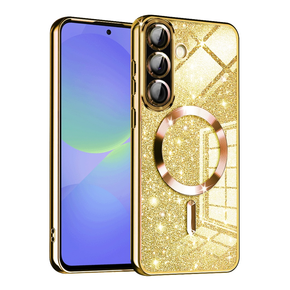 Husa pentru Samsung Galaxy A36 5G / Galaxy A56 5G, SKYDDAR INNOVATION, Luxury Glitter Magsafe, Antisoc, Fundal Detasabil 2-in-1, Protectie Superioara, Margini Ridicate, Auriu, set cu sticker