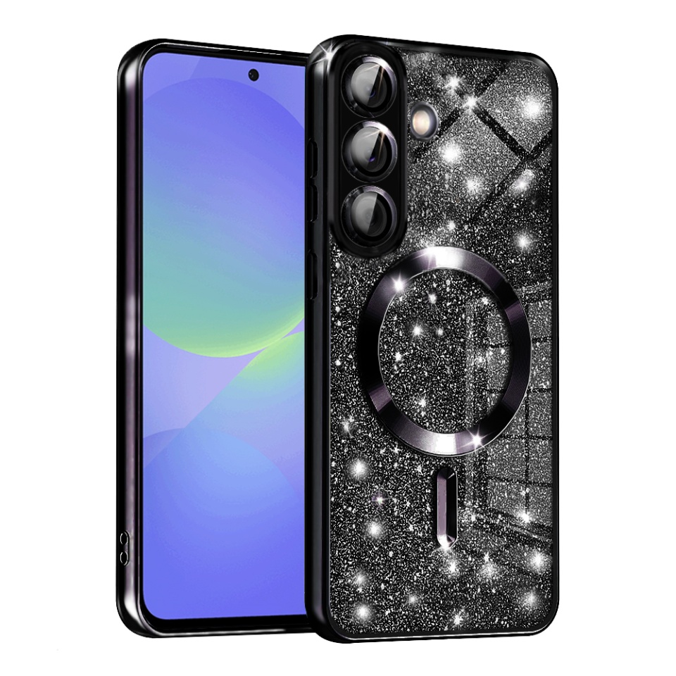 Husa pentru Samsung Galaxy A36 5G / Galaxy A56 5G, SKYDDAR INNOVATION, Luxury Glitter Magsafe, Antisoc, Fundal Detasabil 2-in-1, Protectie Superioara, Margini Ridicate, Negru, set cu sticker