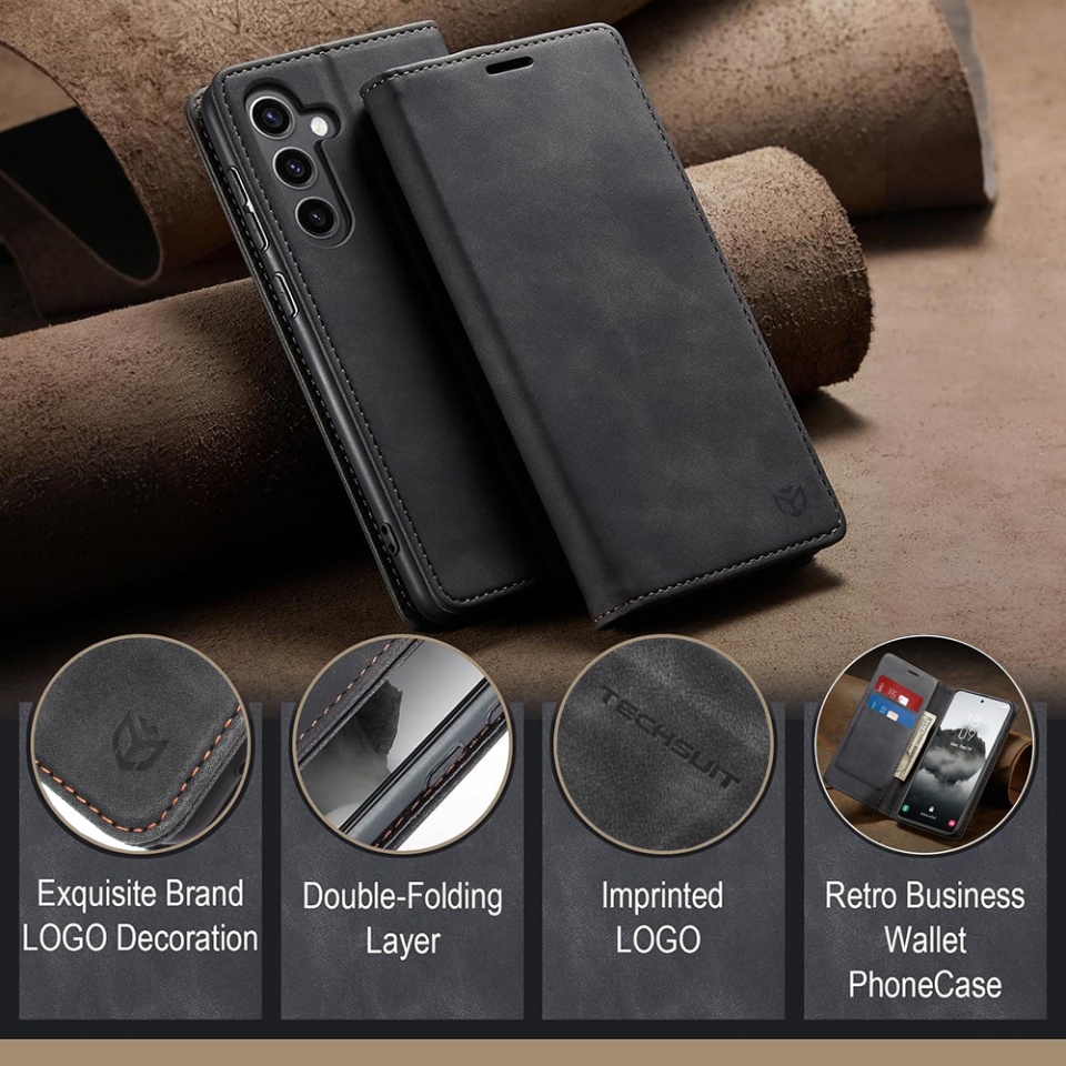 Husa pentru Samsung Galaxy A36 5G, SKYDDAR INNOVATION, Soft Wallet, tip Carte din piele Eco Premium, cu Portofel Interior, Negru, set cu sticker - 3 | YEO