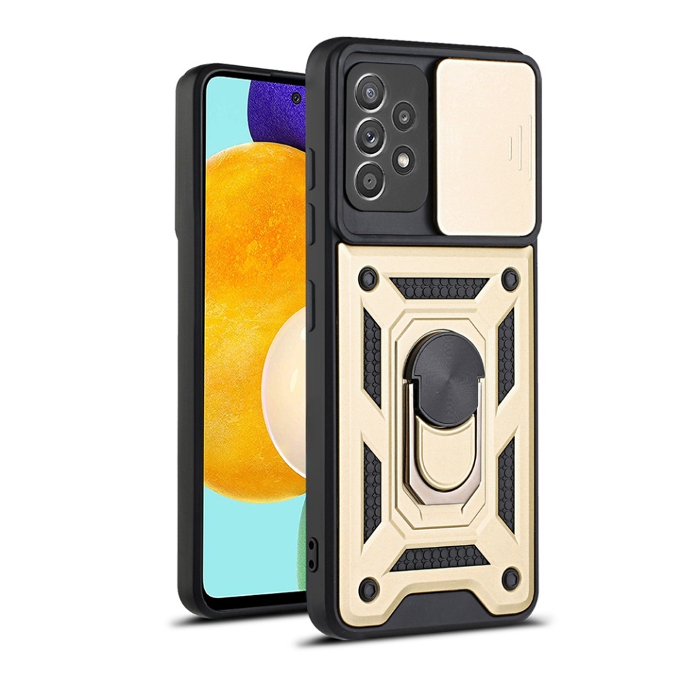 Husa pentru Samsung Galaxy A52 5G / Galaxy A52 4G / Galaxy A52s 5G, SKYDDAR INNOVATION, CamShield, Inel magnetic, set cu sticker, Auriu