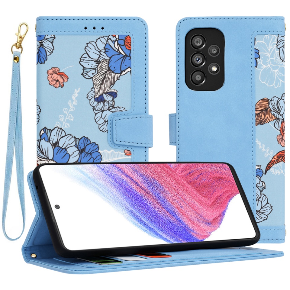 Husa pentru Samsung Galaxy A53 5G din Piele Ecologică cu Design Floral, Protecție 360°, Stand Integrat, Buzunare pentru Carduri, SKDR Floral Wallet - Bleu