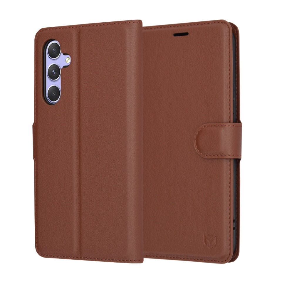 Husa pentru Samsung Galaxy A54, SKYDDAR INNOVATION, Leather Folio tip Carte, cu Portofel Interior, Finisaje Premium, set cu sticker, Maro