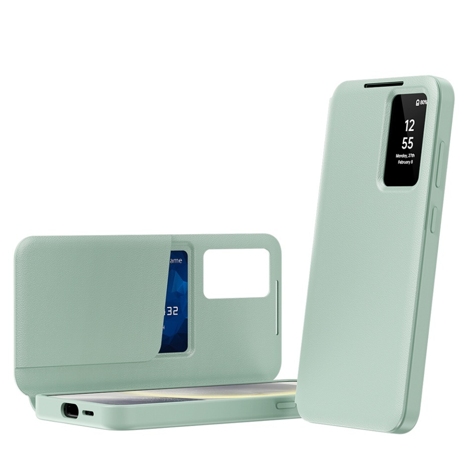 Husa pentru Samsung Galaxy A56 5G tip carte, Skyddar, cu portofel si SmartView, Premium, set cu sticker, Verde - 1 | YEO