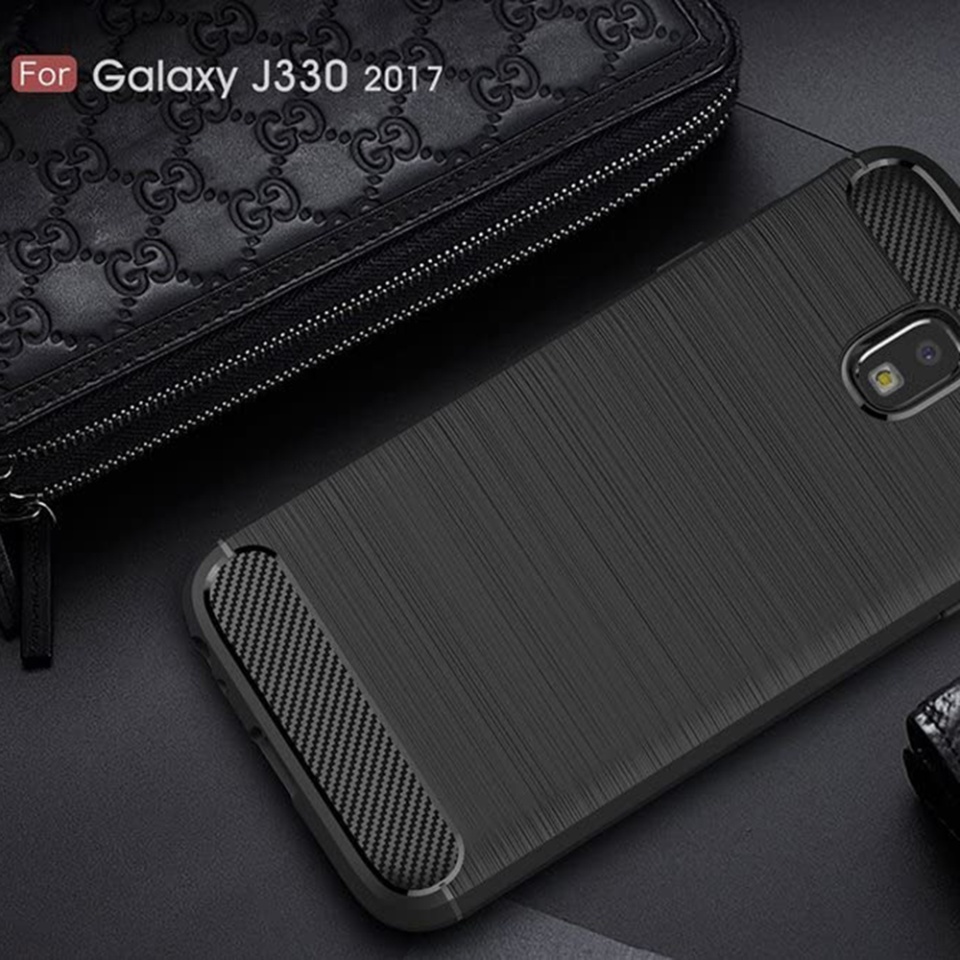 Husa pentru Samsung Galaxy J3 2017 J330, Galaxy J3 Pro 2017, SKYDDAR INNOVATION, Carbon Silicone, din Silicon Slim, cu textura Fibra Carbon, set cu sticker, Negru - 1 | YEO