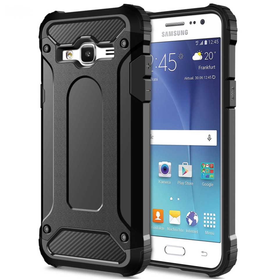 Husa pentru Samsung Galaxy J5 SM-J500, SKYDDAR INNOVATION, Hybrid Armor, din Plastic Dur, Margini Cauciucate, Antisoc, set cu sticker, Negru