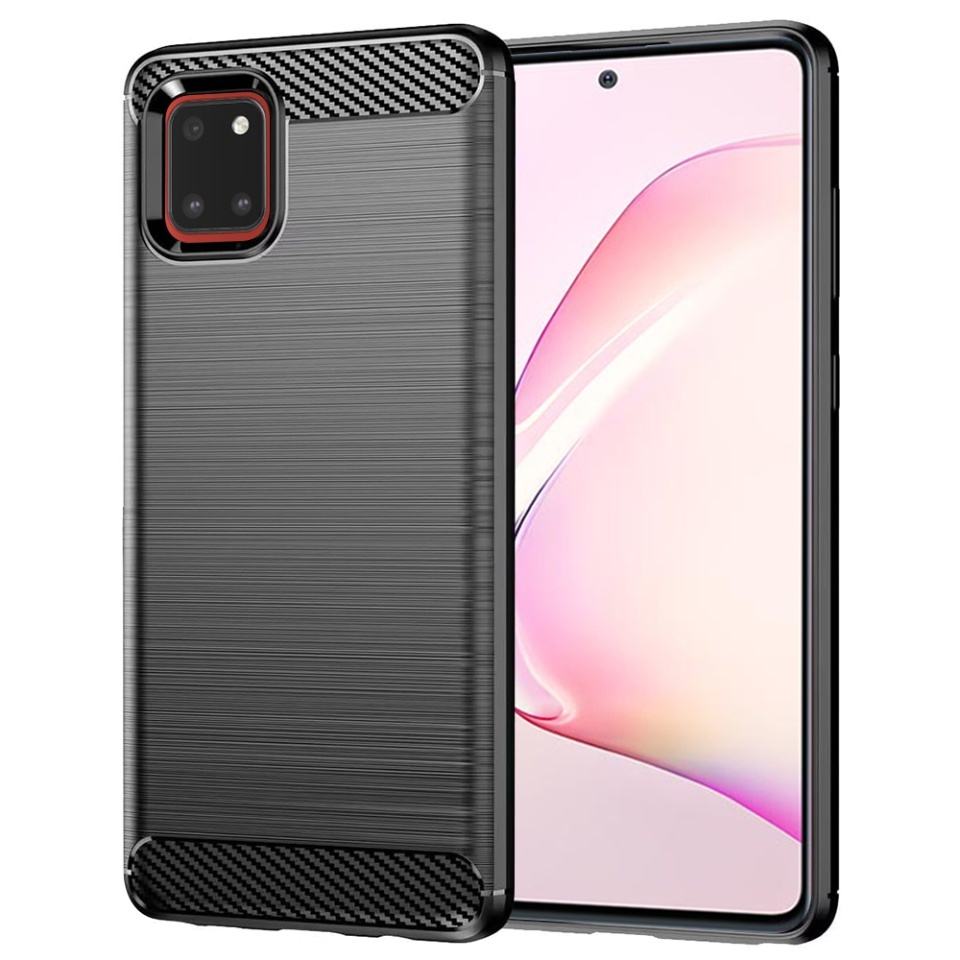 Husa pentru Samsung Galaxy Note 10 Lite, SKYDDAR INNOVATION, Carbon Silicone, din Silicon Slim, cu textura Fibra Carbon, set cu sticker, Negru
